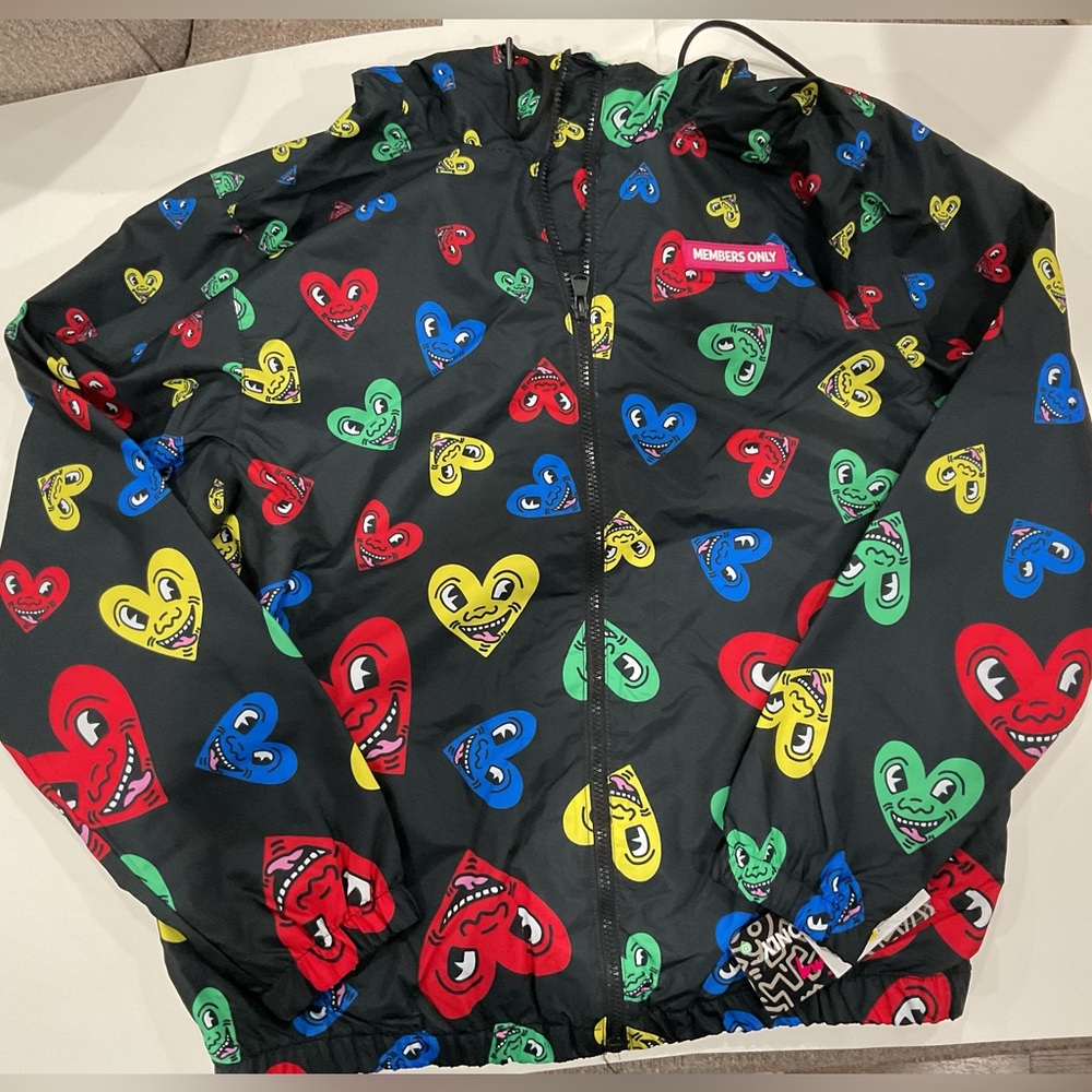 K Haring members only jacket size medium NWT black iconic hearts windbreaker